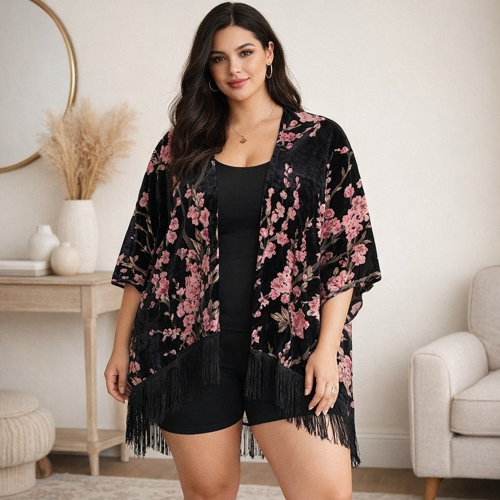 Lane Bryant Velvet Burnout Kimono Floral Pink Black Fringe Wrap One‎ Size Boho